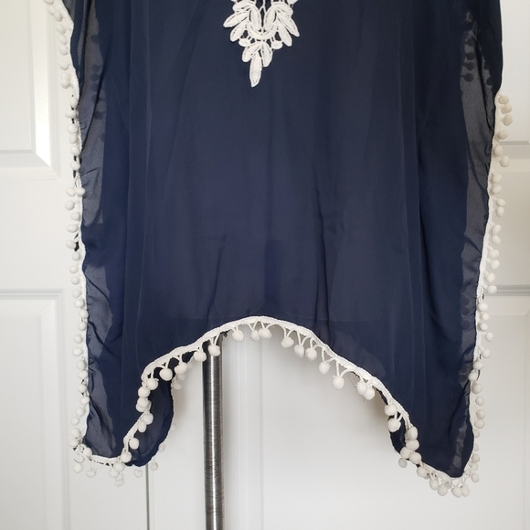 ADREAMLY Navy White Pom Trim Swim Cover Short Caftan M - Picture 3 of 6